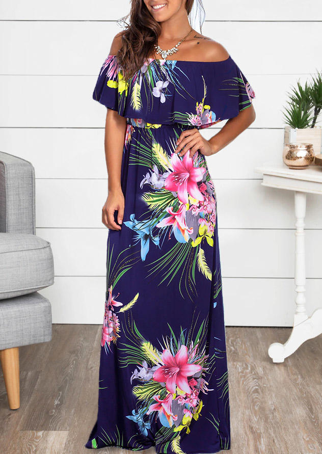 

Maxi Dresses Floral Palm Leaf Ruffled Off Shoulder Maxi Dress in Blue. Size: ,M,L,XL