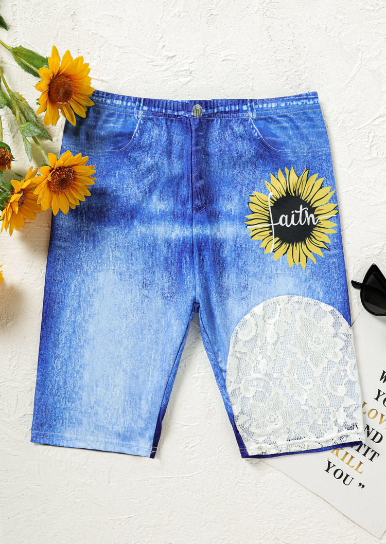 

Shorts Lace Splicing Sunflower Faith Shorts in Blue. Size: ,M,L,XL