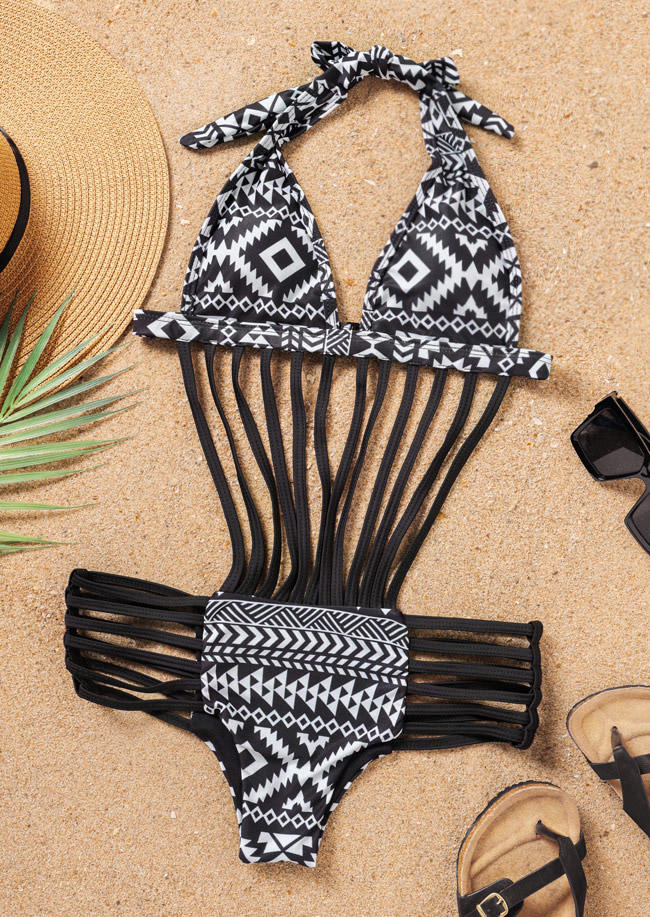 One-Pieces Swimsuit Aztec Geometric Hollow Out One-Piece Bathing Suit Swimwear in Black. Size: S