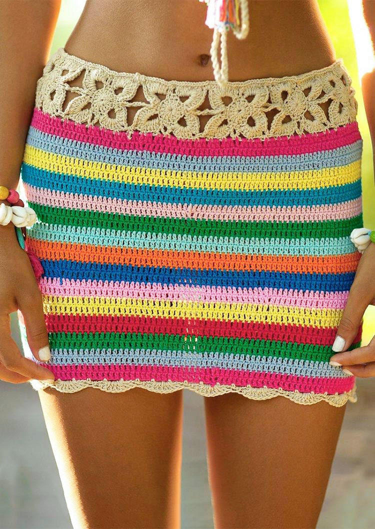 

Cover Ups Colorful Striped Crochet Knitted Cover Up in Multicolor. Size