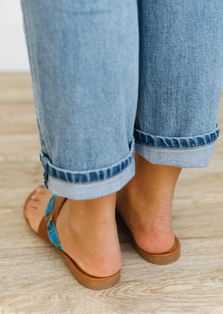 Vintage Color Block Strappy Toe Ring Flat Slippers - Cyan