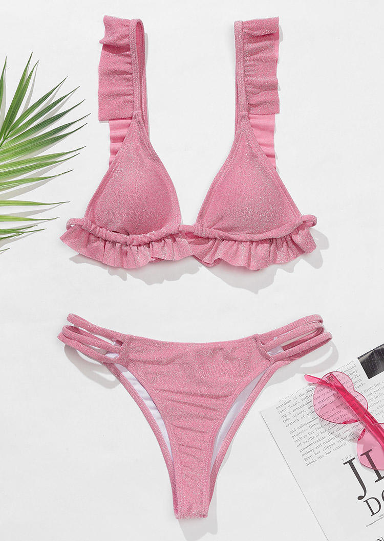 Bikini Sets Ruffled Cut Out Bikini Set in Pink. Size: S,L