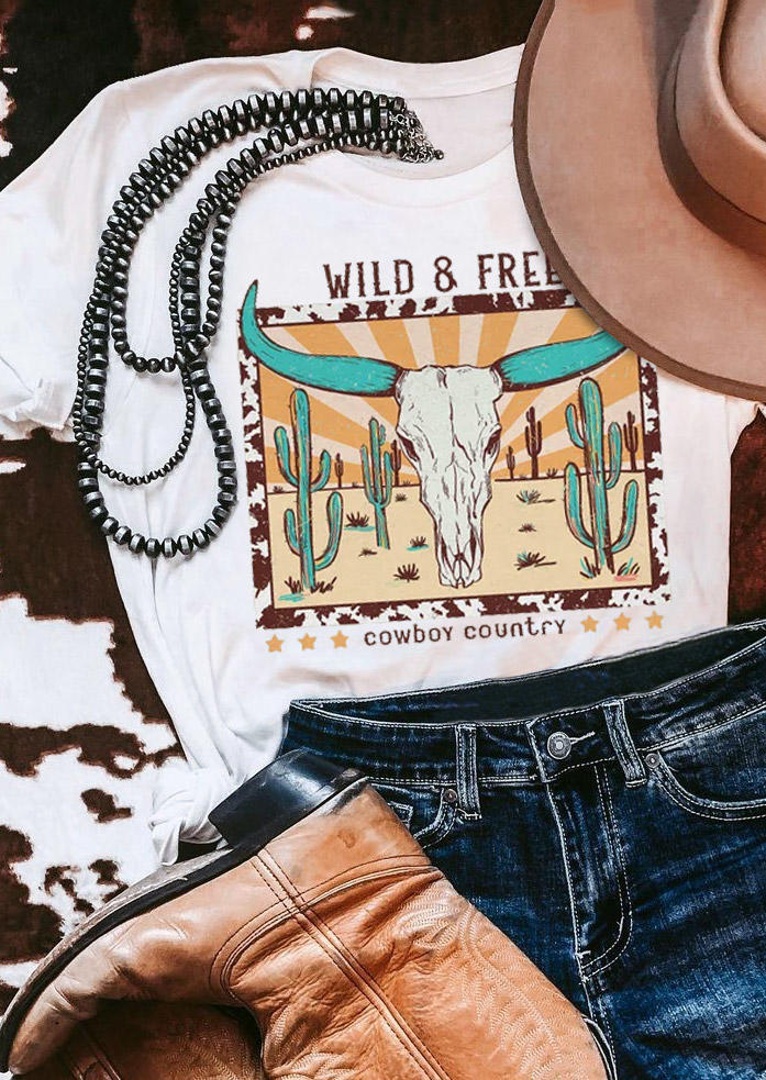 T-shirts Tees Steer Skull  Cactus Cowboy Country T-Shirt Tee in White. Size: S,M,L,XL