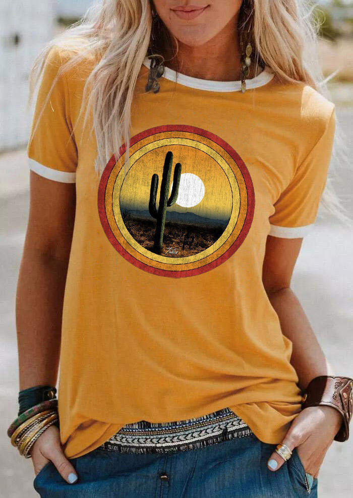 T-shirts Tees Cactus Sunset O-Neck T-Shirt Tee in Yellow. Size: S,M,L,XL