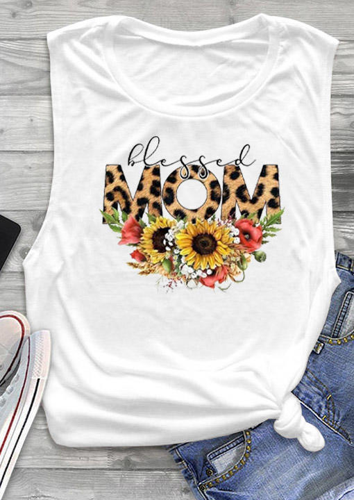 Tank Tops Blessed Mom Leopard Sunflower Tank Top in White. Size: S,M,L,XL