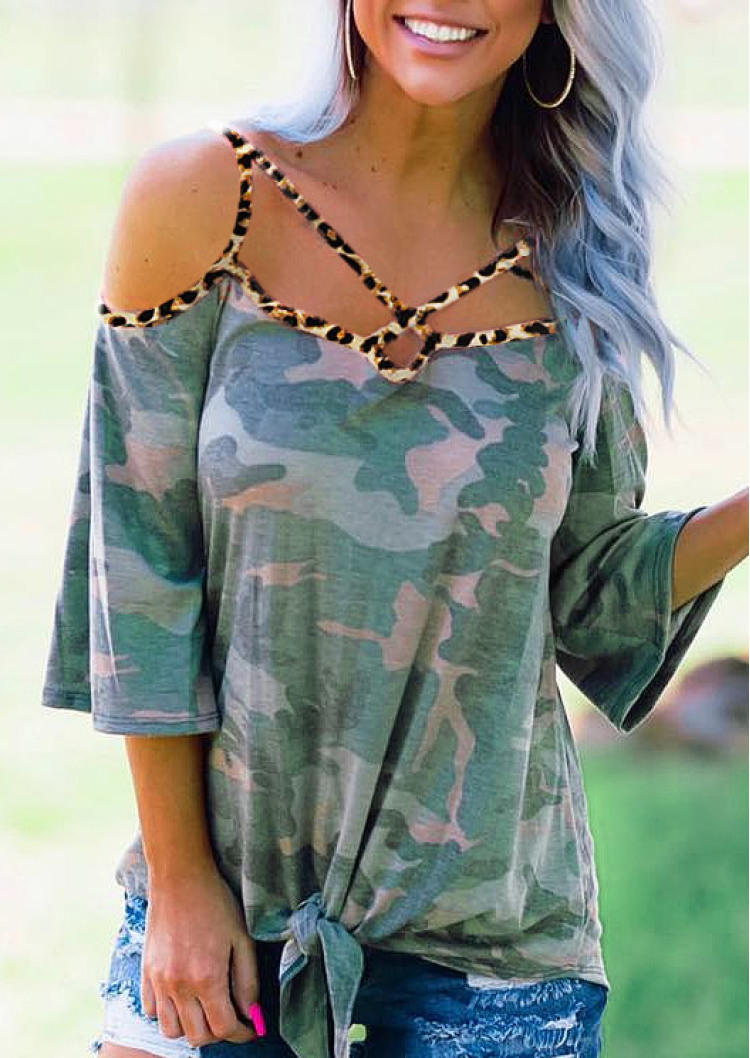 Blouses Criss-Cross Camouflage Tie Cold Shoulder Blouse in Camouflage. Size: S,XL