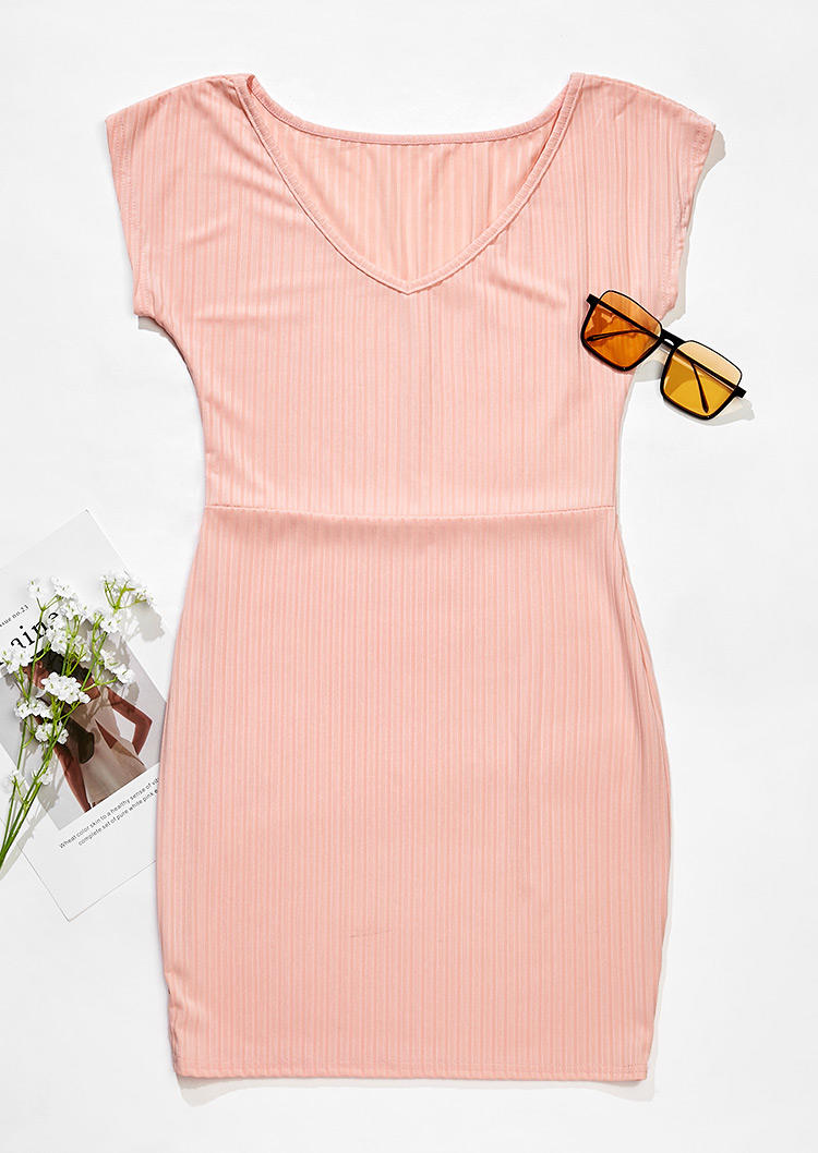 Short Sleeve V-Neck Bodycon Dress - Pink