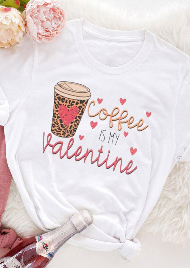 

T-shirts Tees Coffee Is My Valentine Heart Leopard T-Shirt Tee in White. Size: ,M,L,XL