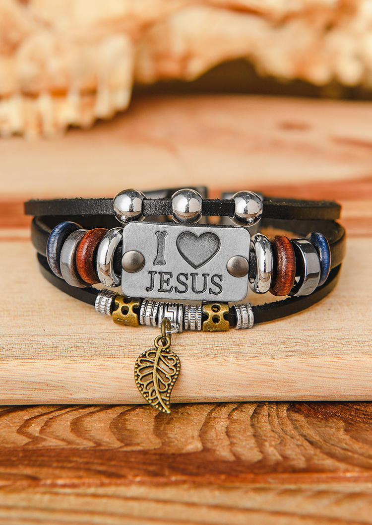

Bracelet I Love Jesus Leaf Beading Multi-Layered Bracelet in Black. Size