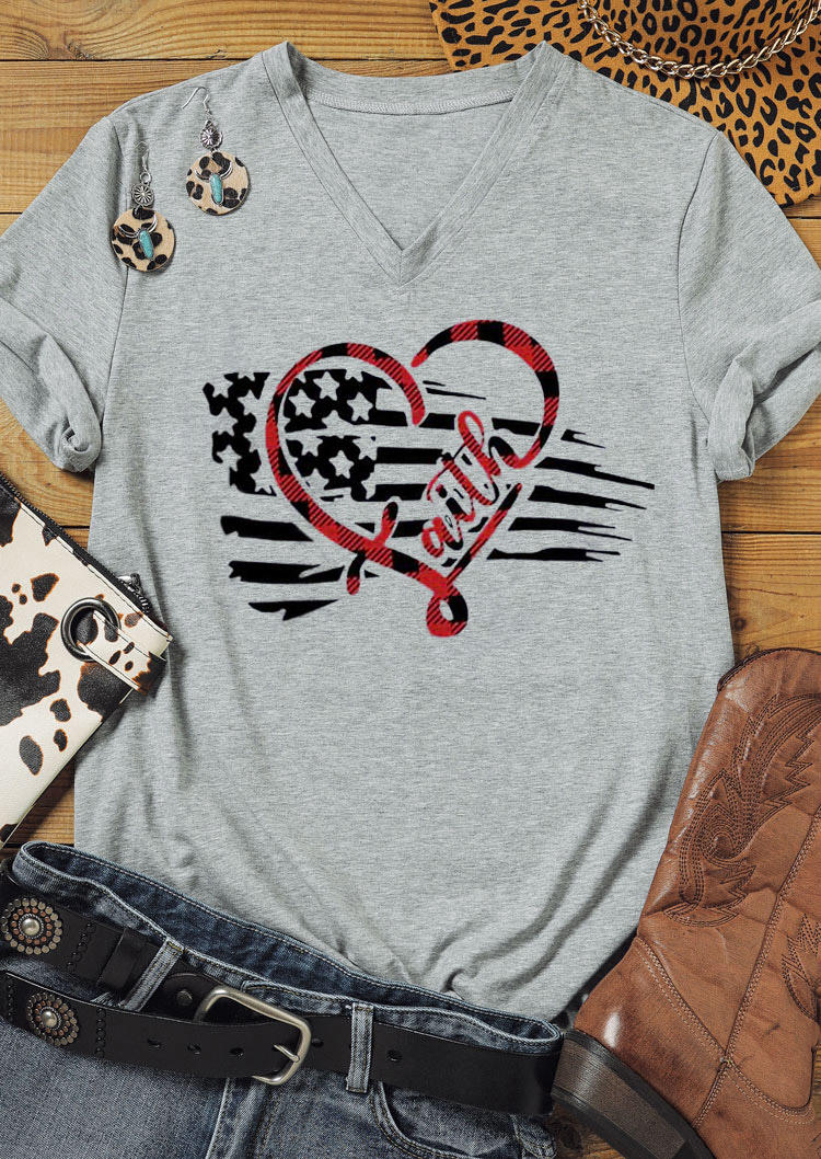 T-shirts Tees Faith Plaid Heart V-Neck T-Shirt Tee in Light Grey. Size: S,M,L,XL
