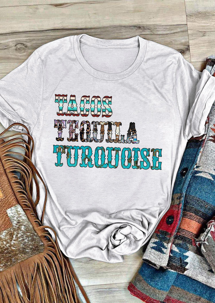 

T-shirts Tees Tacos Tequila Turquoise Serape Striped Leopard T-Shirt Tee in Light Grey. Size: ,M,L,XL
