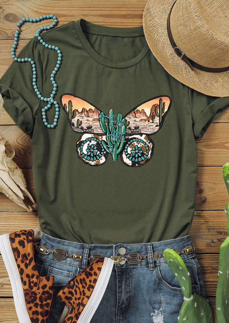

T-shirts Tees Cactus Turquoise Butterfly T-Shirt Tee in Army Green. Size: ,XL