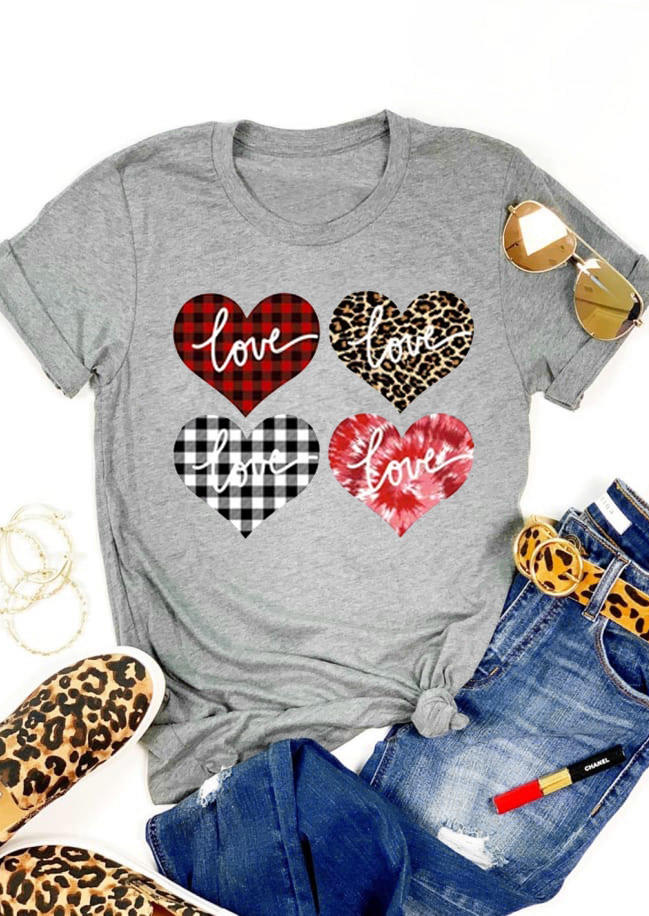 

T-shirts Tees Valentine Love Leopard Plaid Tie Dye T-Shirt Tee in Gray. Size: ,M,L,XL