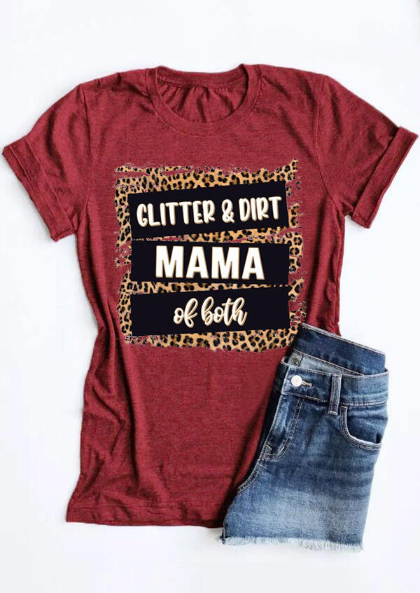 T-shirts Tees Glitter & Dirt Mama Of Both Leopard T-Shirt Tee in Burgundy. Size: S,M,L,XL
