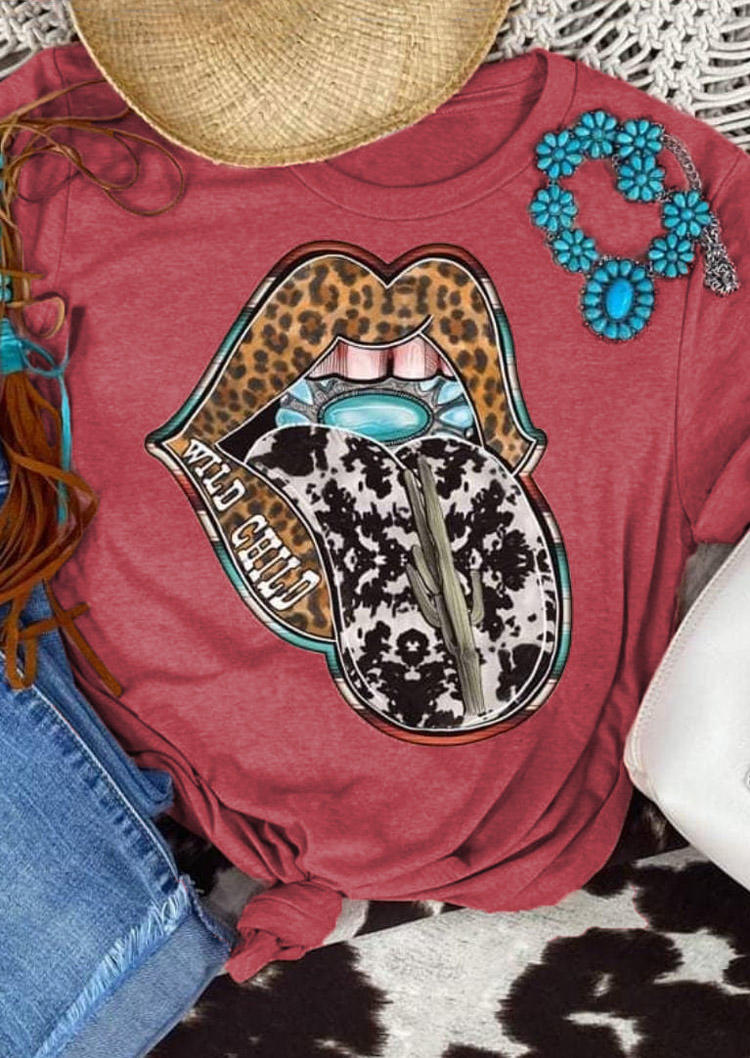 T-shirts Tees Wild Child Leopard Lips Turquoise T-Shirt Tee in Brick Red. Size: S,M,L,XL