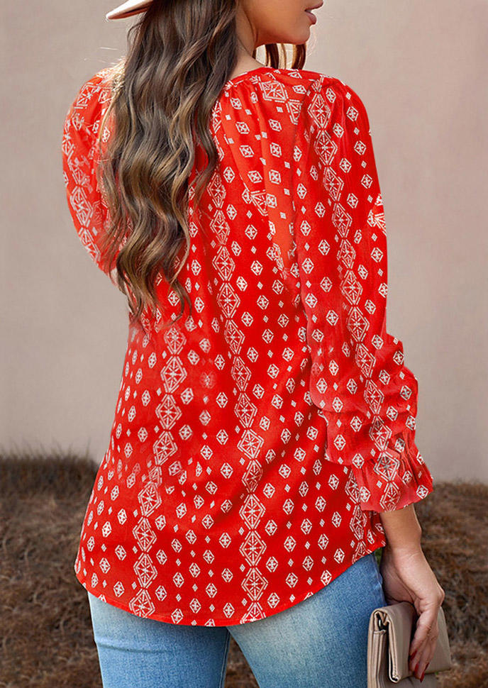 

Blouses Geometric Notched Neck Blouse in Red. Size