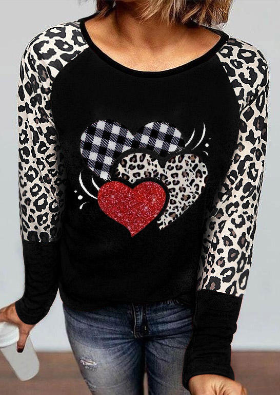 T-shirts Tees Leopard Plaid Heart Long Sleeve T-Shirt Tee - Brick Red in Red. Size: 2XL,3XL,L,M,S,XL