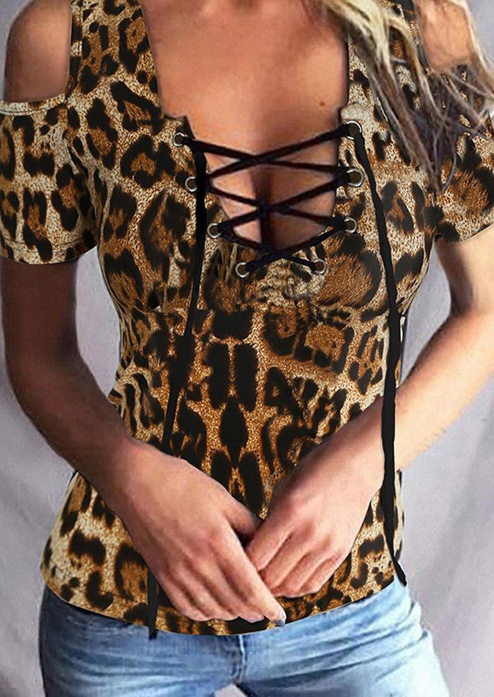 Lace Up Cold Shoulder Leopard Blouse