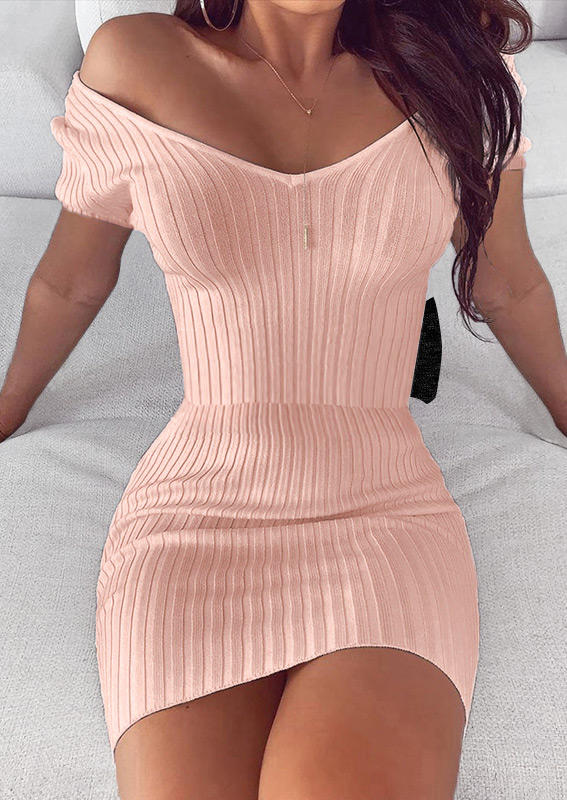 Short Sleeve V-Neck Bodycon Dress - Pink