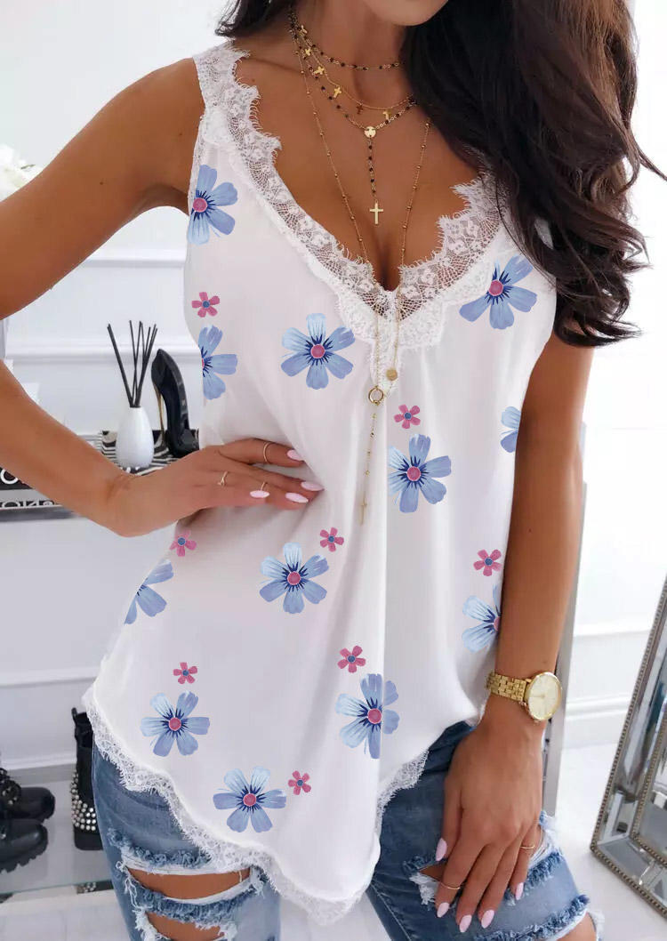 Floral Lace Splicing Sleeveless Tank - White