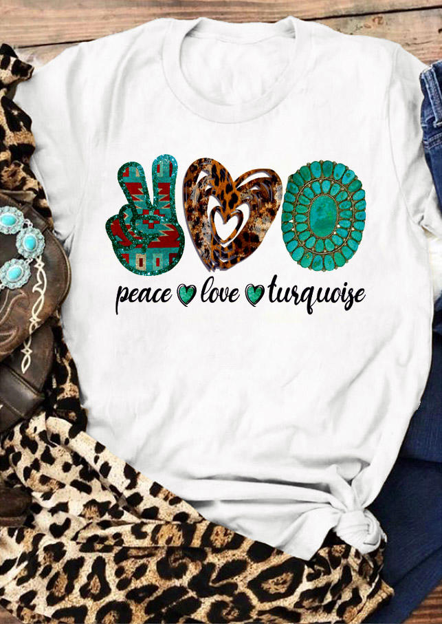 T-shirts Tees Peace Love Turquoise Leopard T-Shirt Tee in White. Size: M,XL