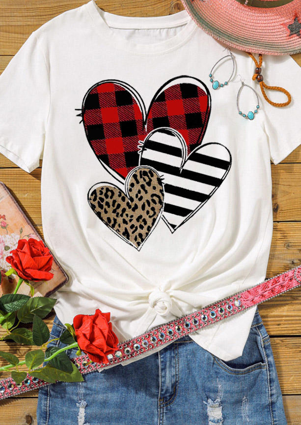 T-shirts Tees Striped Leopard Plaid Heart T-Shirt Tee in White. Size: S