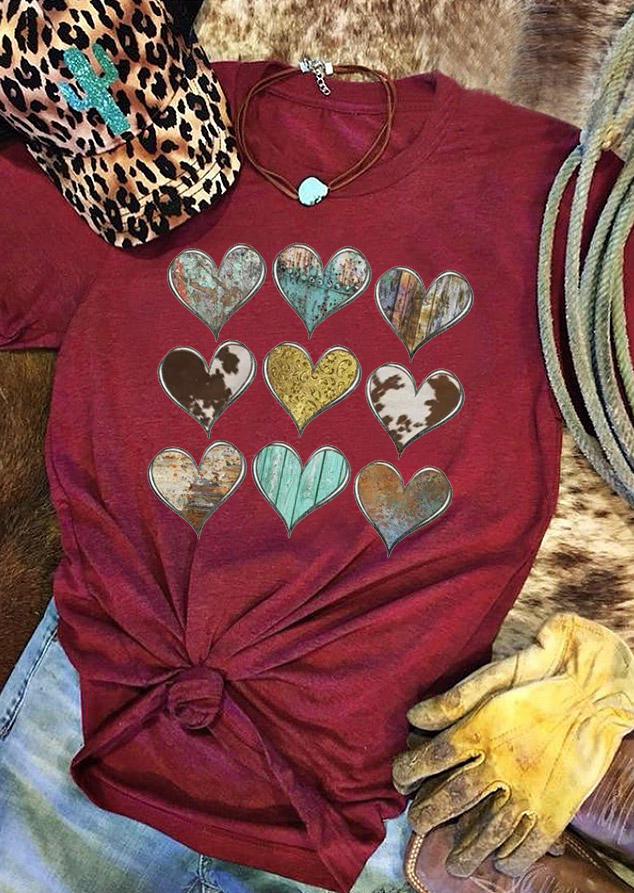 T-shirts Tees Cow Love Heart O-Neck T-Shirt Tee in Burgundy. Size: S