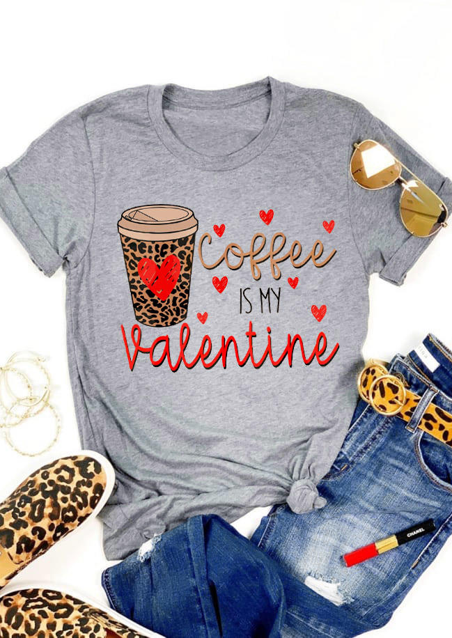 

T-shirts Tees Coffee Is My Valentine Heart Leopard T-Shirt Tee in Gray. Size
