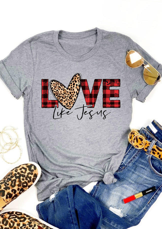 

T-shirts Tees Plaid Leopard Love Like Jesus T-Shirt Tee in Gray. Size