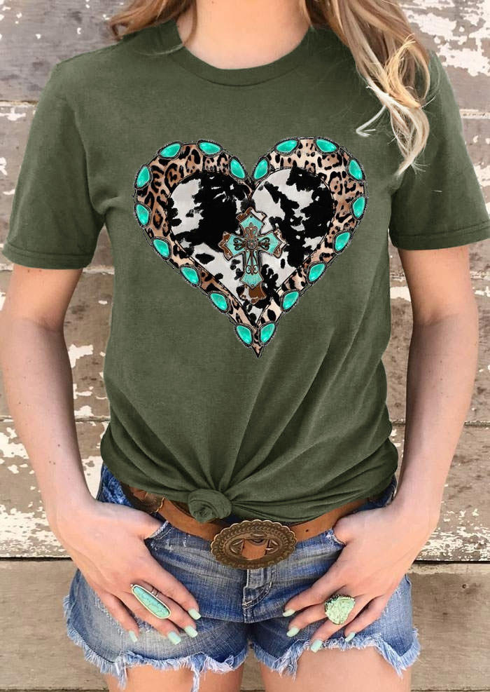 

T-shirts Tees Turquoise Leopard Heart Cross T-Shirt Tee in Army Green. Size