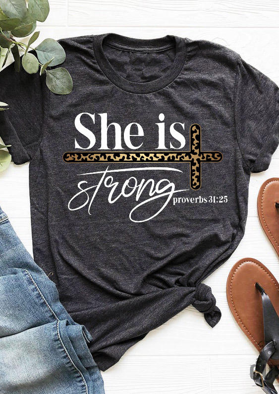 T-shirts Tees She Is Strong Leopard Cross T-Shirt Tee in Dark Grey. Size: S,M,L,XL