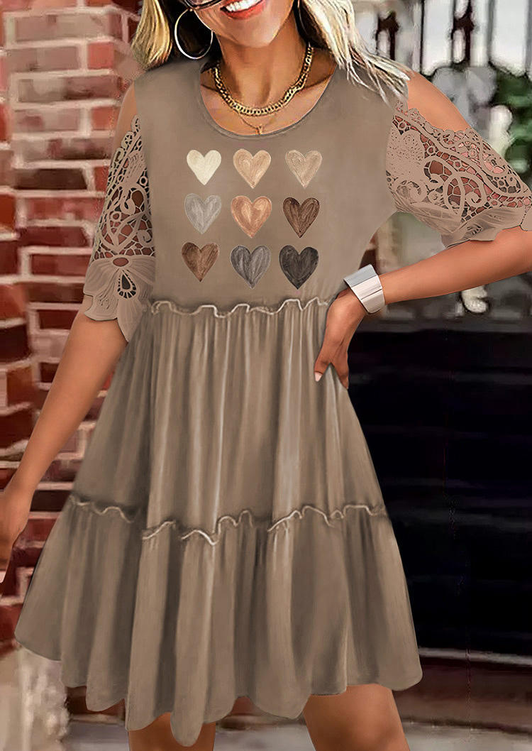 

Mini Dresses Lace Splicing Heart Cold Shoulder Ruffled Mini Dress in Khaki. Size: ,M