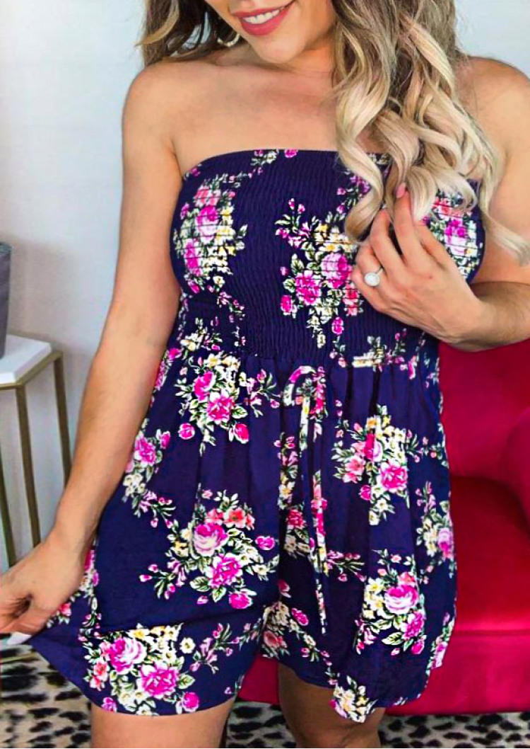 Jumpsuits & Rompers Floral Bandeau Strapless Smocked Waist Romper - Navy Blue in Blue. Size: L,M,S