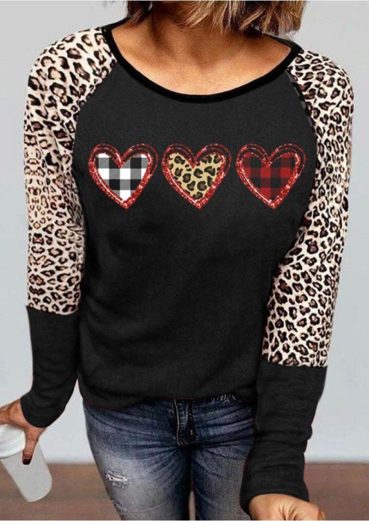 T-shirts Tees Leopard Plaid Heart Long Sleeve T-Shirt Tee in Black. Size: L,M,S