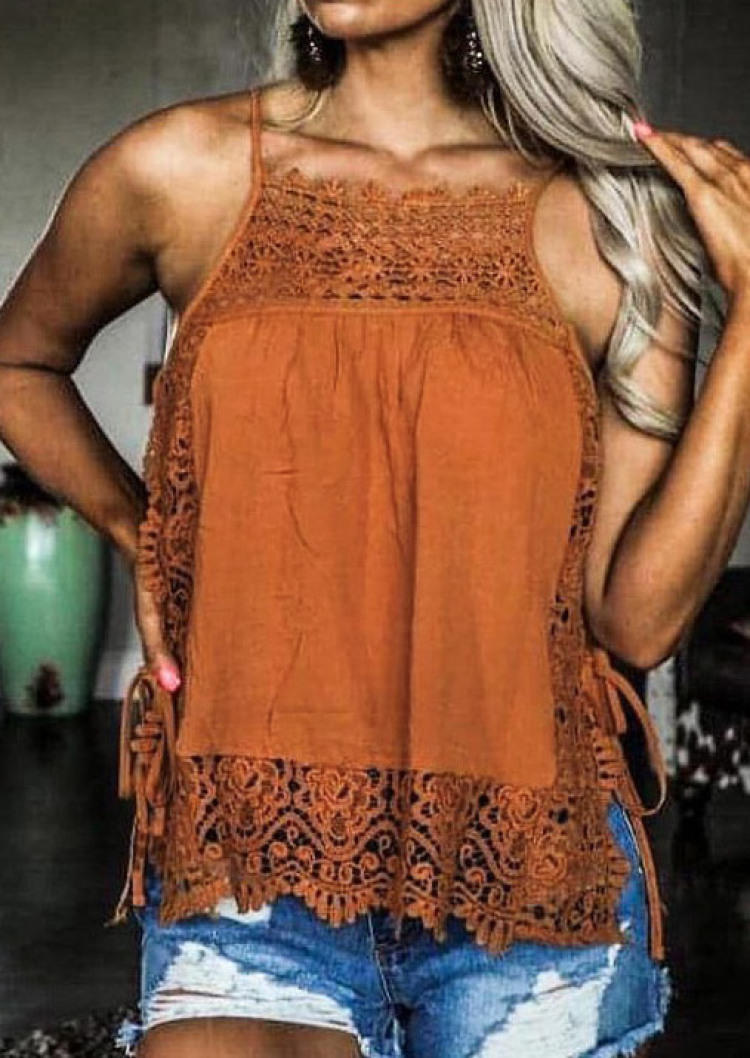 

Tank Tops Lace Splicing Lace Up Camisole in Orange. Size: L