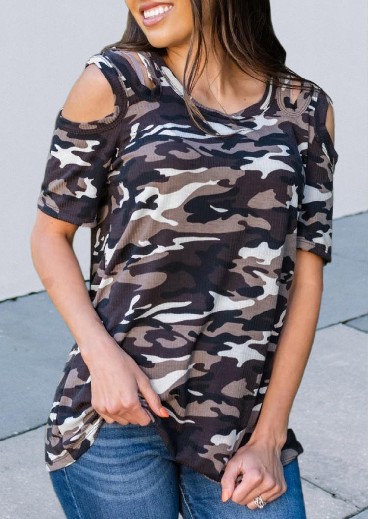 Camouflage Cut Out Cold Shoulder Blouse