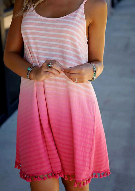 Mini Dresses Striped Gradient Tassel Mini Dress in Pink. Size: S,M,L