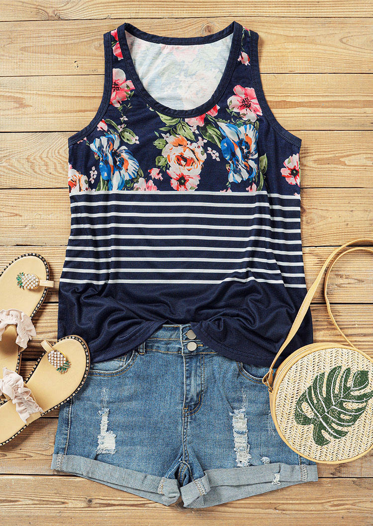 Tank Tops Floral Striped Sleeveless Tank Top in Deep Blue. Size: S,M,L