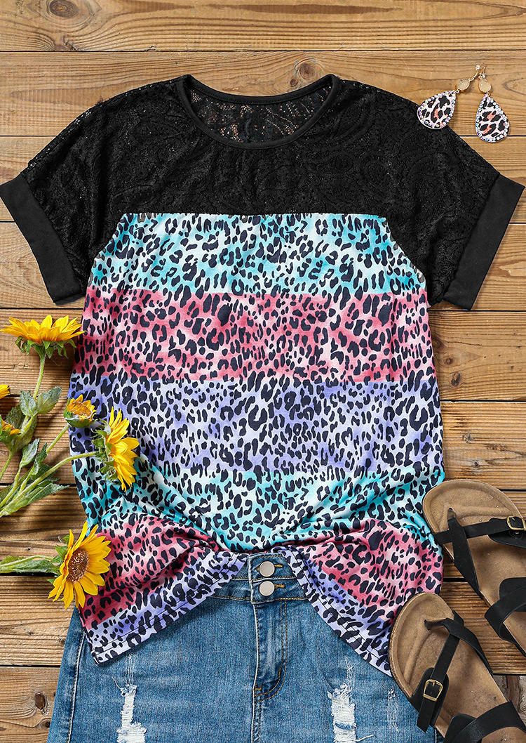 

Blouses Lace Splicing Leopard Color Block Blouse in Multicolor. Size: ,XL