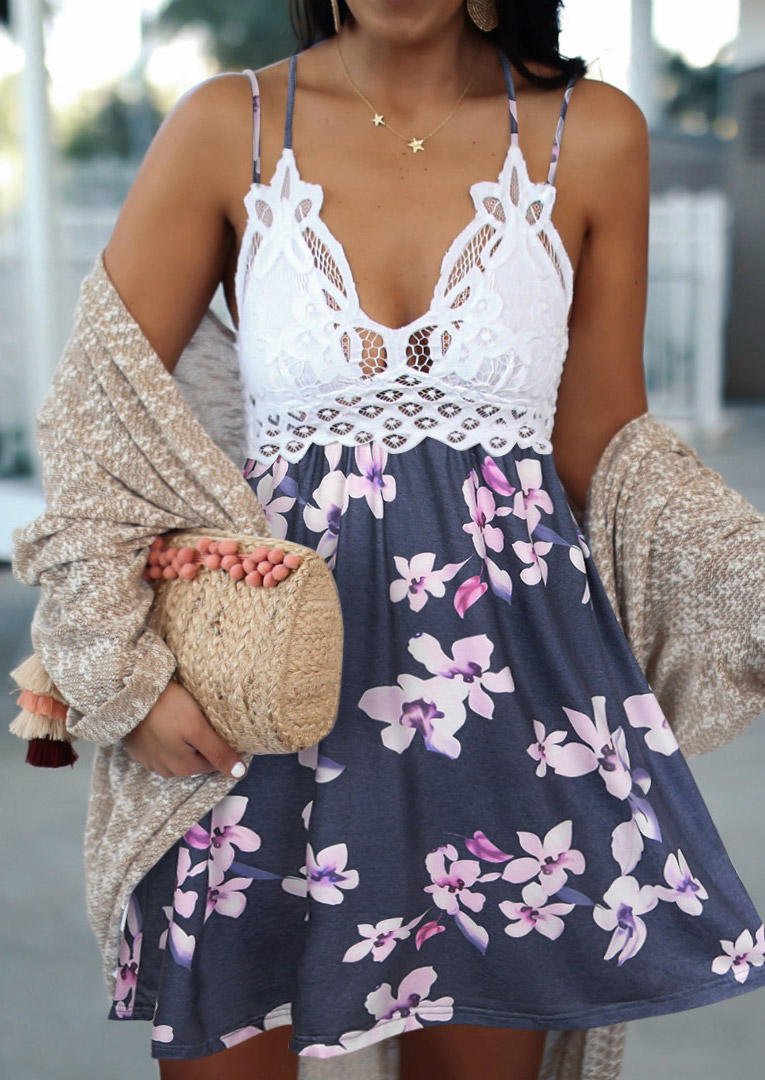 

Mini Dresses Lace Splicing Floral Spaghetti Strap Mini Dress in Multicolor. Size