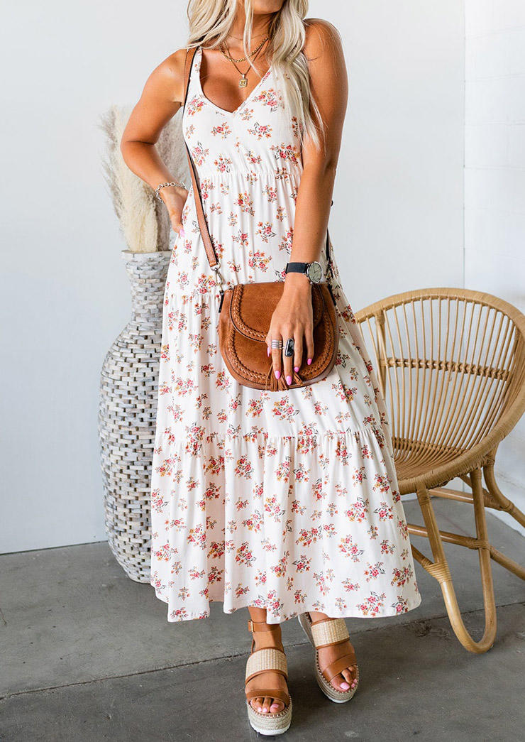 Maxi Dresses Floral Open Back Tie Ruffled Maxi Dress in White. Size: L,M,S,XL