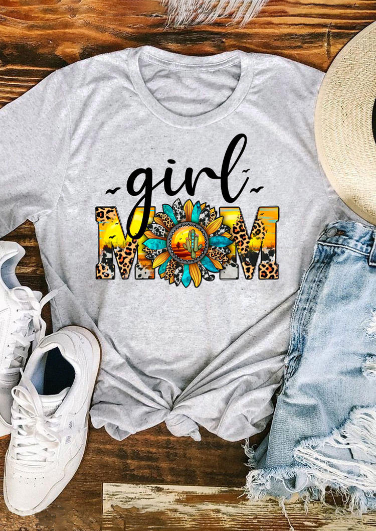 

T-shirts Tees Girl Mom Leopard Cactus Sunflower T-Shirt Tee in Light Grey. Size: ,M,L,XL