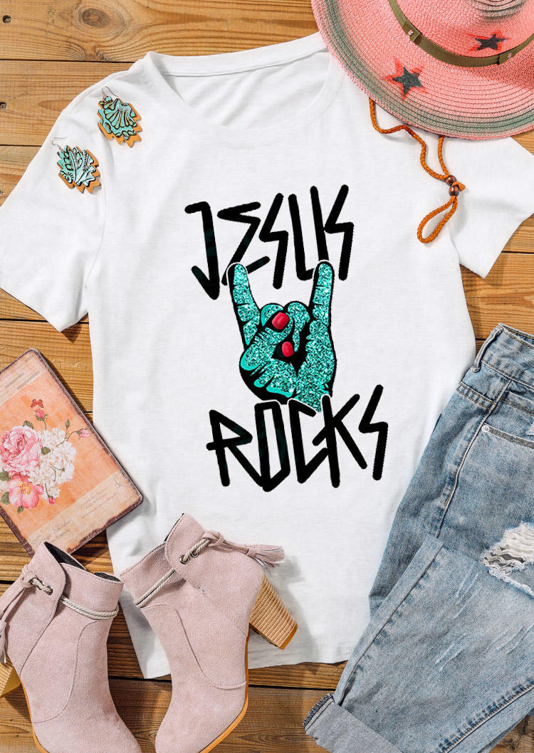 

T-shirts Tees Jesus Rocks O-Neck T-Shirt Tee in White. Size: ,M,L,XL