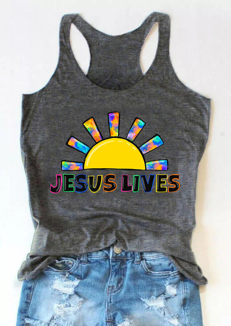 

Tank Tops Jesus Lives Sun Racerback Tank Top in Dark Grey. Size: ,M,L,XL