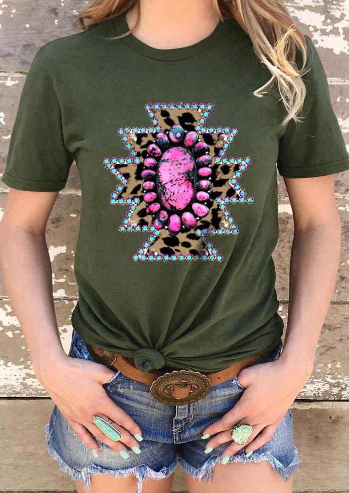 

T-shirts Tees Turquoise Leopard O-Neck T-Shirt Tee in Army Green. Size: ,M,L,XL