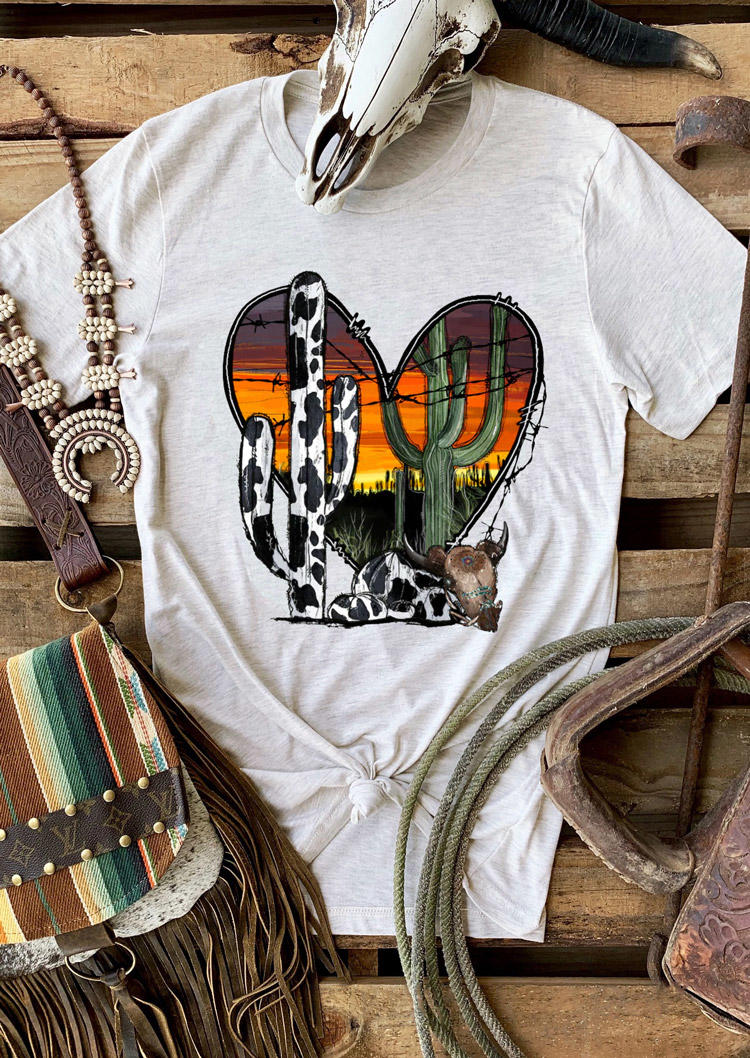 T-shirts Tees Cow Cactus Heart Desert Steer Skull T-Shirt Tee in Light Grey. Size: L