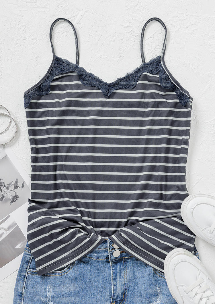Lace Splicing Striped Camisole - Light Grey