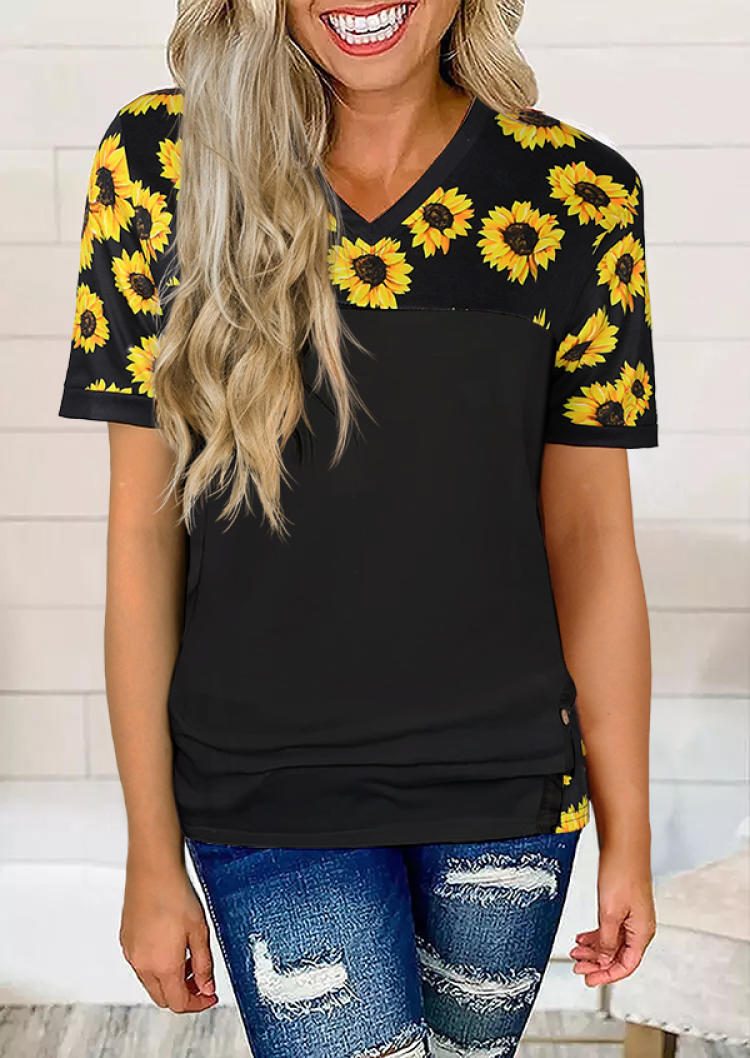 Blouses Sunflower V-Neck Short Sleeve Blouse in Black. Size: S