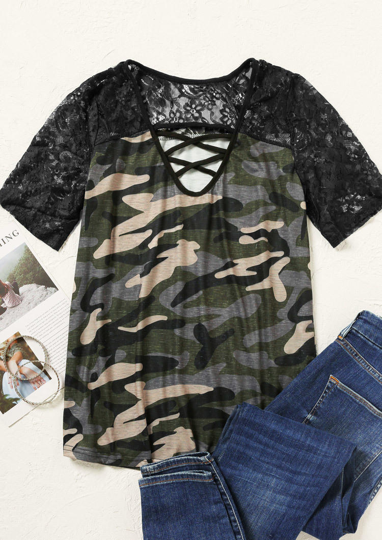 Blouses Lace Splicing Criss-Cross Camouflage Blouse in Camouflage. Size: S,M,L,XL