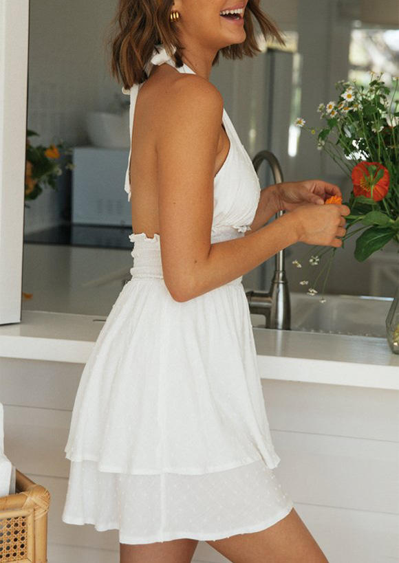

Mini Dresses Smocked Halter Open Back Mini Dress in White. Size